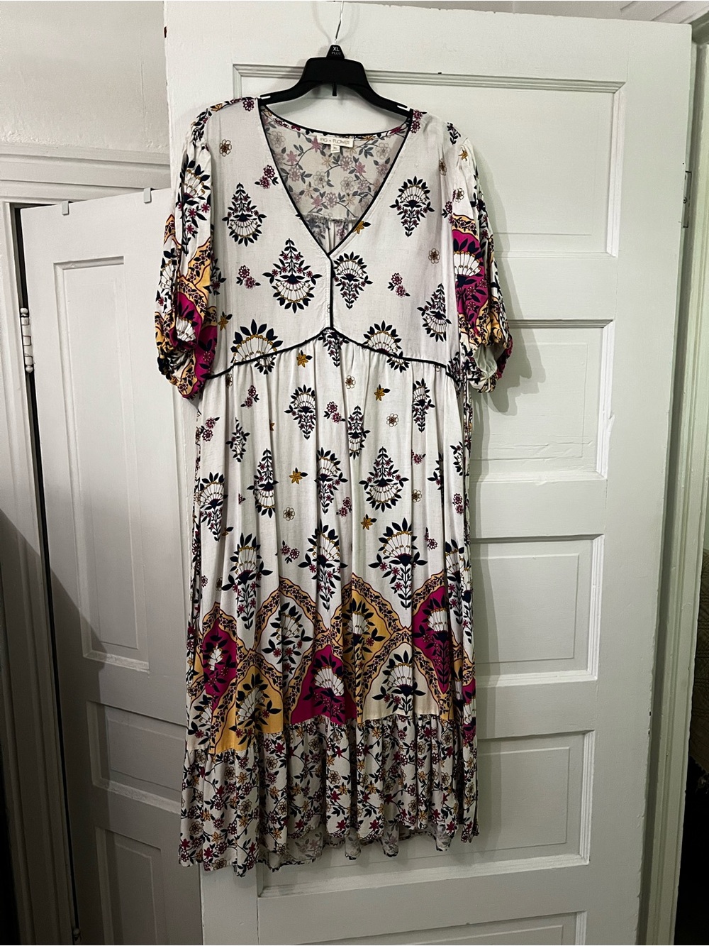 fig and flower White Maxi Dress with Pink & Mustard Medallion Print